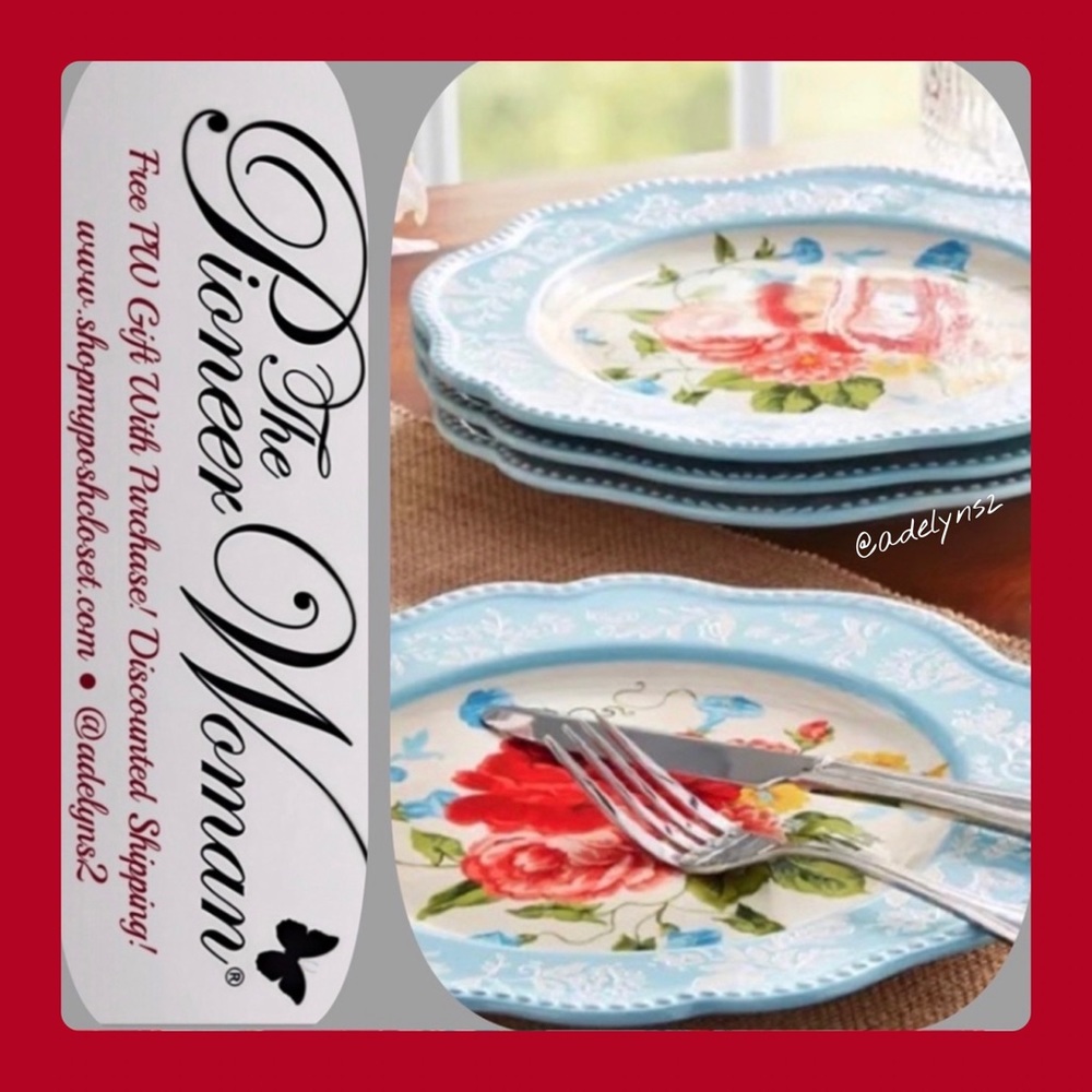 🌺 New Pioneer Woman (4) Sweet Rose Salad Plates, Blue & Red